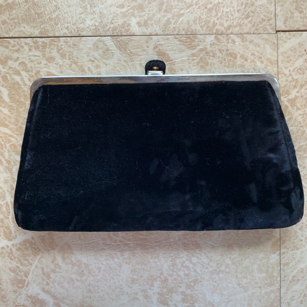 Vintage Black Velvet Clutch Bag Small Evening Cocktail Formal Metal Frame